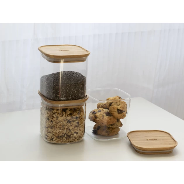 Lot 3 Boîtes De Conservation En Verre Et Bambou Carré 800 Ml Pebbly – Image 3
